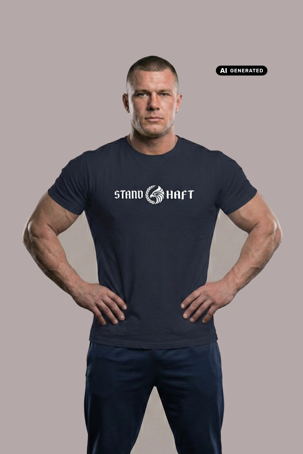 Mann in blauem Navyblue T-Shirt mit weißem Aufdruck „STAND HAFT“ und Adler-Logo steht mit eingestemmten Händen vor grauem Hintergrund. AI-generated.