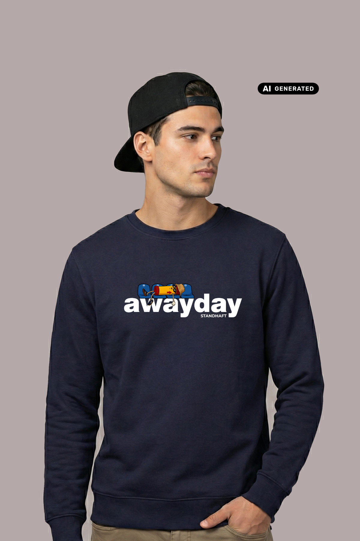 Ein junger Mann mit umgedrehter schwarzer Cap trägt einen dunkelblauen Pullover mit dem weißen Aufdruck „awayday standhaft“. Er blickt seitlich weg.
