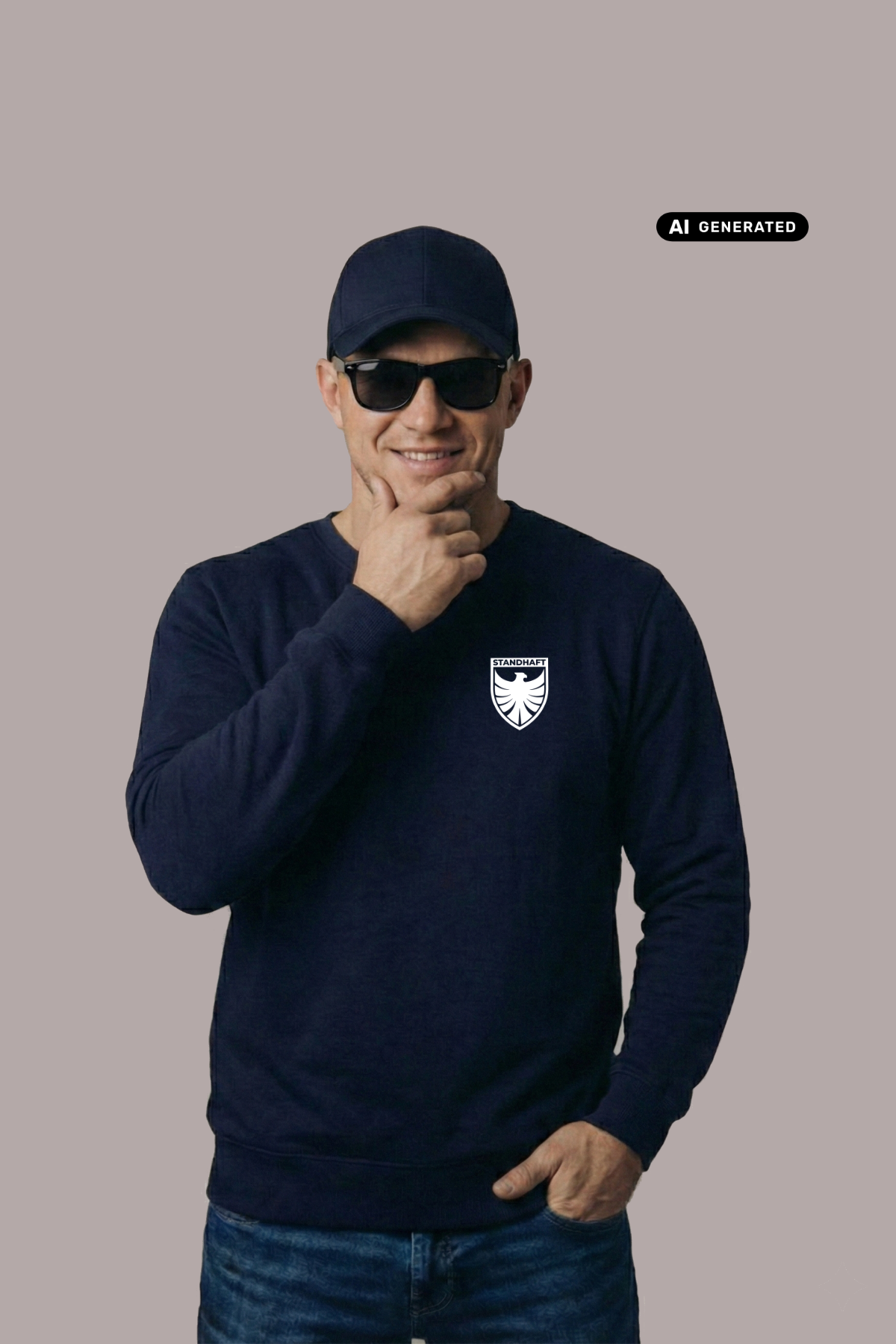Ein lächelnder Mann mit dunkelblauer Basecap und Sonnenbrille trägt einen dunkelblauen Pullover mit einem weißen Wappen-Logo samt Adlergrafik und „STANDHAFT“-Schriftzug auf der linken Brust.