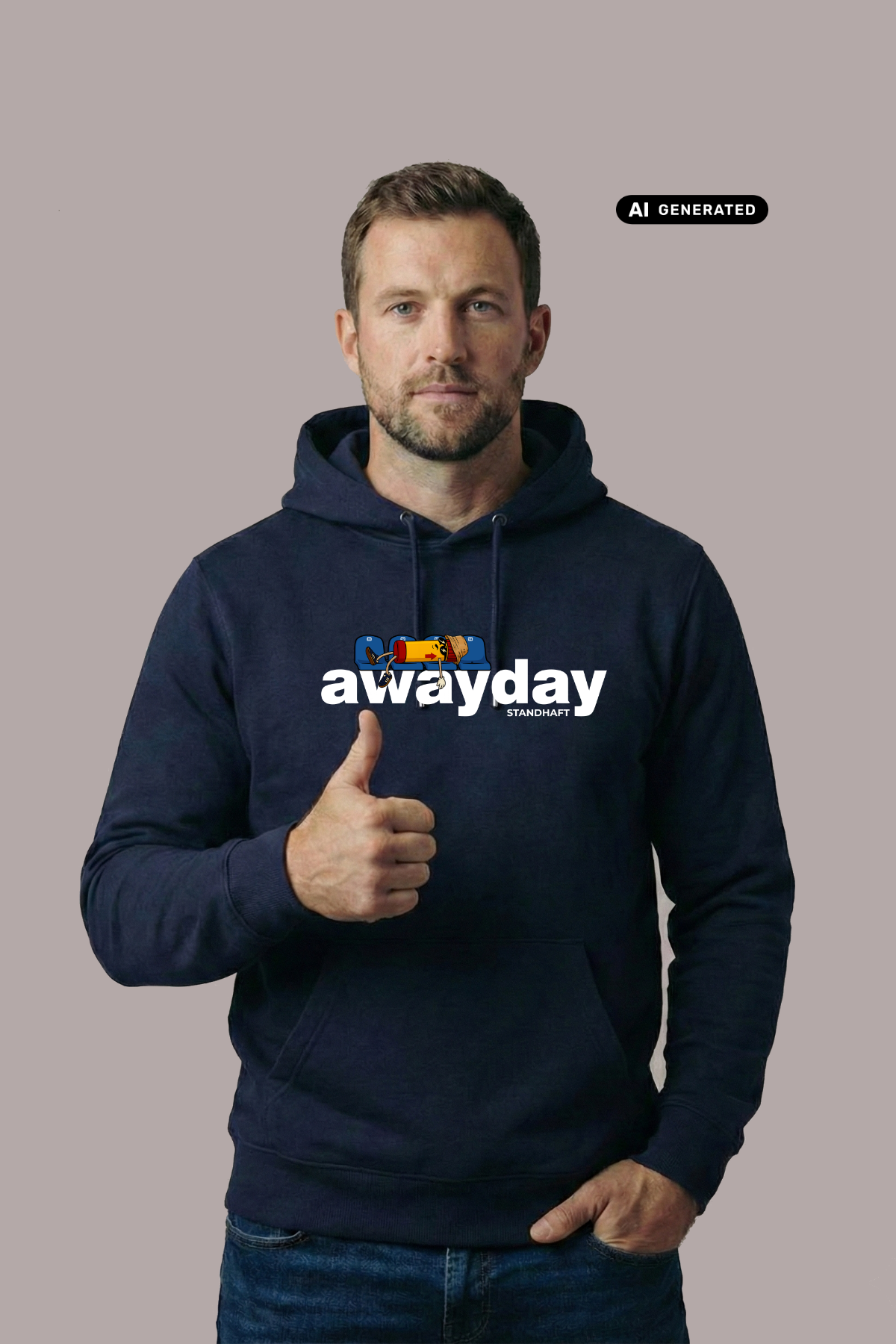 Ein Mann zeigt den Daumen nach oben und trägt einen dunkelblauen Hoodie mit dem weißen Schriftzug „awayday“ auf der Brust.