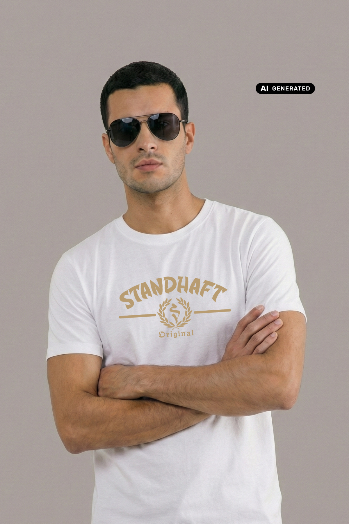 Ein Mann mit Sonnenbrille trägt ein weißes T-Shirt mit goldenem „STANDHAFT“-Schriftzug und Lorbeerkranz-Logo auf der Brust.