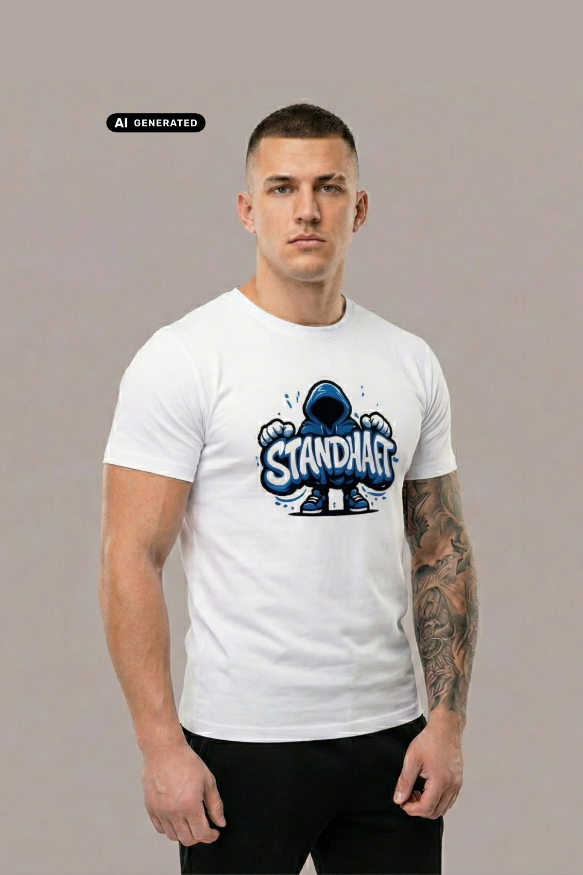Ein Mann trägt ein weißes T-Shirt mit einem blauen Comic-Grafik-Print und dem Schriftzug „STANDHAFT“.