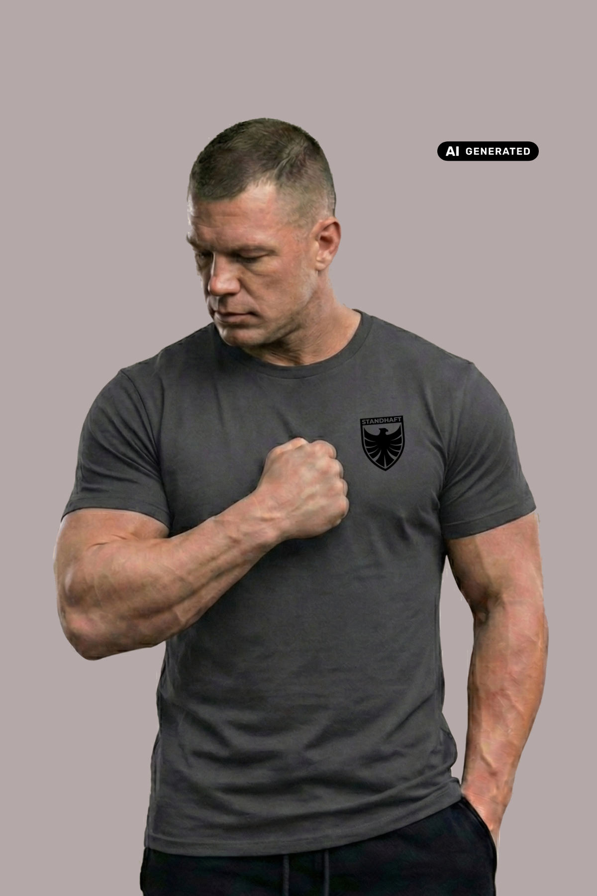Ein Mann mit geballter Faust auf der Brust trägt ein dunkelgraues T-Shirt mit einem schwarzen Wappen-Logo samt Adlergrafik und „STANDHAFT“-Schriftzug auf der linken Brust.