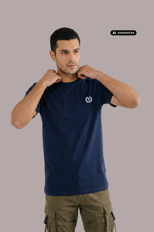 Mann im dunkelblauen T-Shirt mit weißem Lorbeerkranz-Logo, greift an den Kragen, dazu khakifarbene Cargohose.