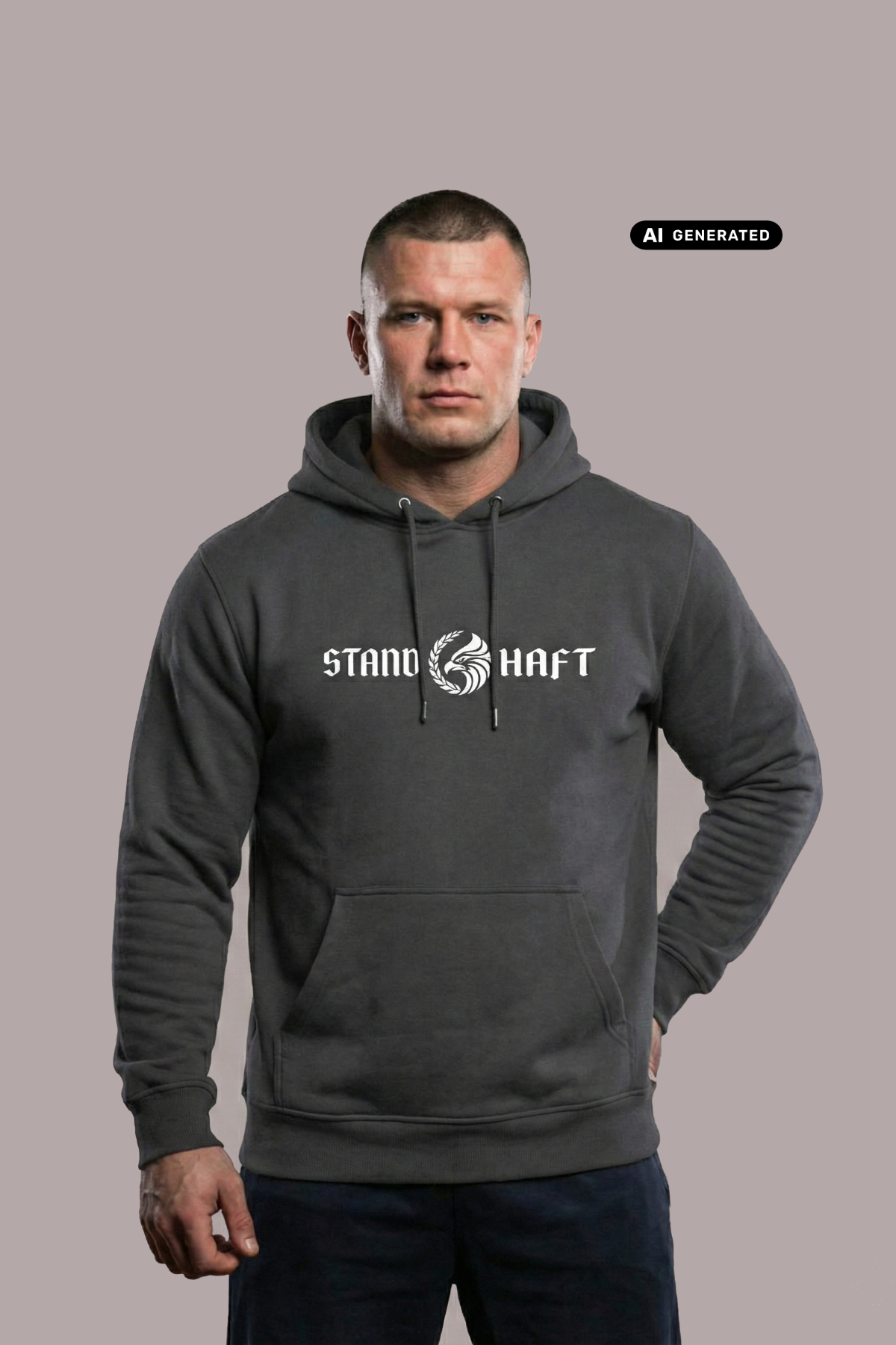 Mann in dunkelgrauem Hoodie mit weißem Aufdruck „STAND HAFT“ und Adler-Logo blickt ernst vor grauem Hintergrund. AI-generated.