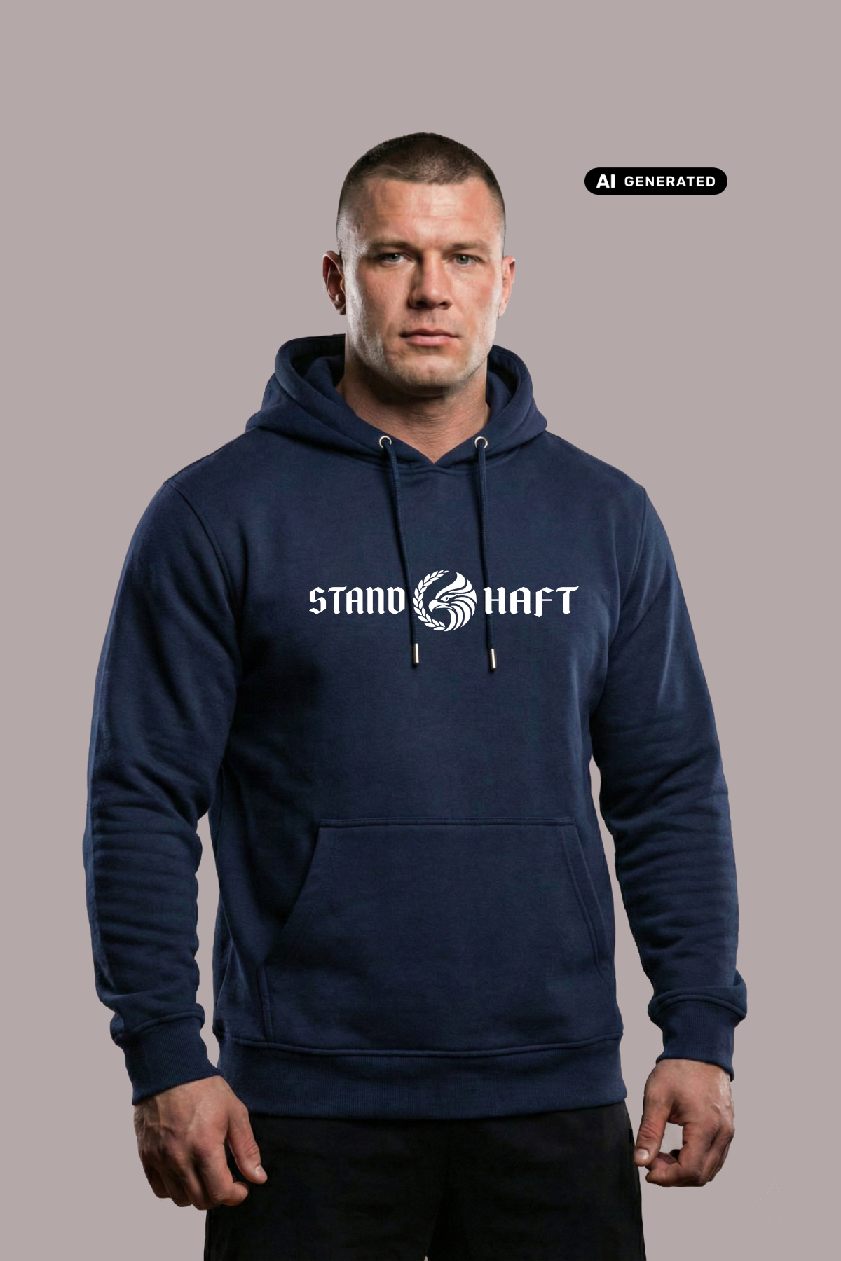 Mann in blauem Hoodie mit weißem Aufdruck „STAND HAFT“ und Adler-Logo blickt ernst vor grauem Hintergrund. AI-generated.