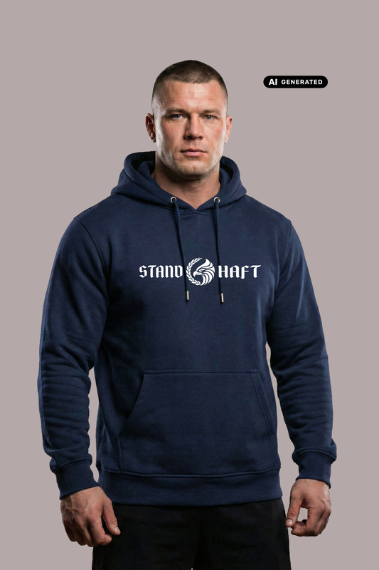 Mann in blauem Hoodie mit weißem Aufdruck „STAND HAFT“ und Adler-Logo blickt ernst vor grauem Hintergrund. AI-generated.