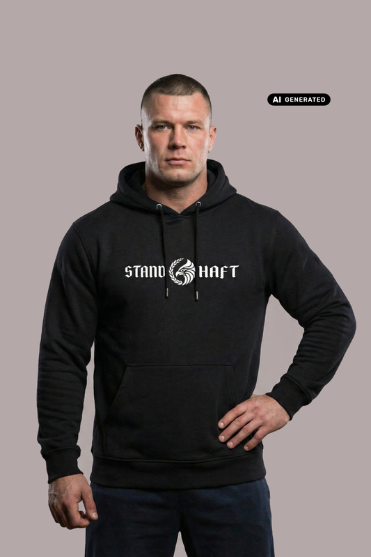 Mann in schwarzem Hoodie mit weißem Aufdruck „STAND HAFT“ und Adler-Logo steht mit Hand an der Hüfte vor grauem Hintergrund. AI-generated.