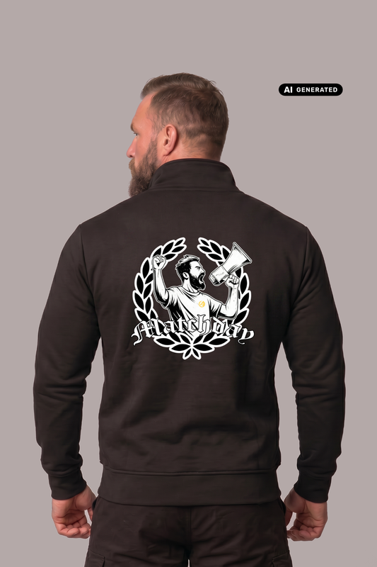 Rückansicht eines bärtigen Mannes im schwarzen Sweatshirt mit Stehkragen und großem „Matchday“-Rückenprint.
