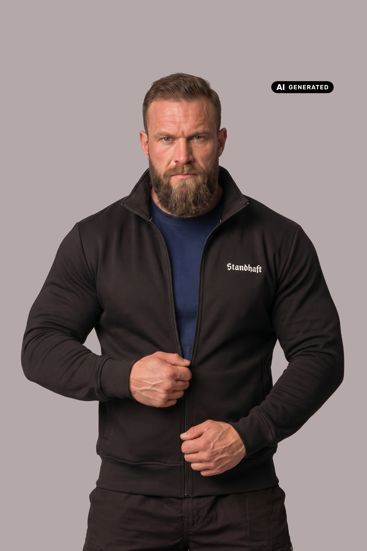 Bärtiger Mann in schwarzer Sweatjacke mit Stehkragen, weißem Brustaufdruck „Standhaft“ und blauem Unterziehtshirt.