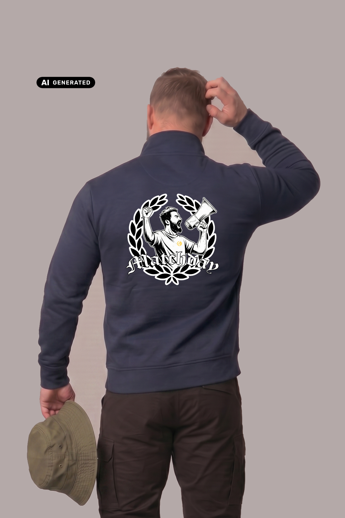 Rückansicht eines Mannes im dunkelblauen Sweatshirt mit großem „Matchday“-Rückenprint, der einen Fischerhut hält.