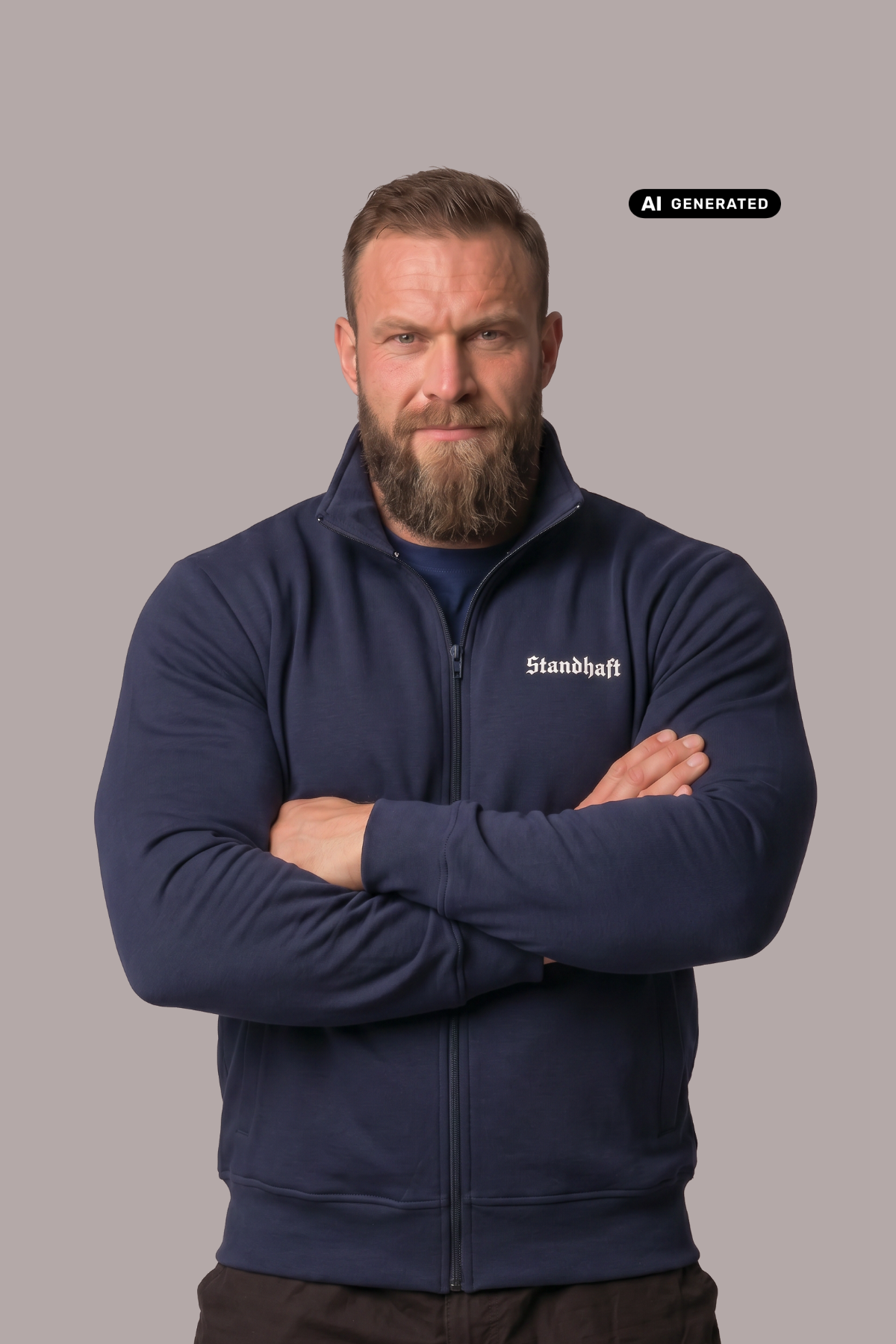 Bärtiger Mann in dunkelblauer Sweatjacke mit Stehkragen, weißem Brustaufdruck „Standhaft“ und verschränkten Armen.