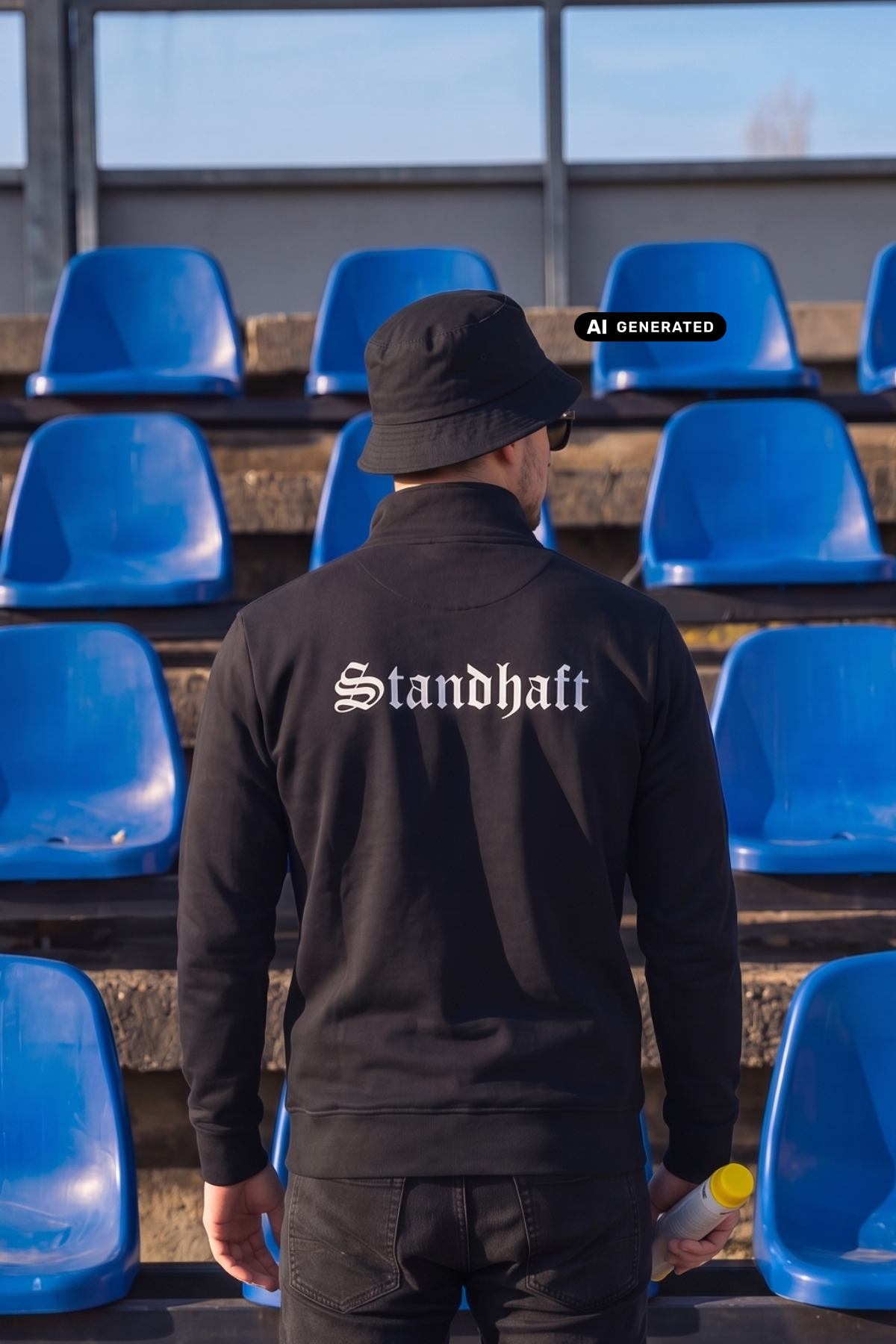 Ein Mann von hinten in einer schwarzen Trainingsjacke mit weißem „Standhaft“-Schriftzug im altdeutschen Stil auf dem Rücken.