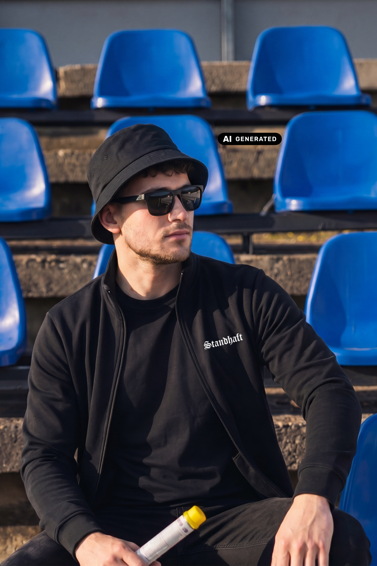Ein Mann trägt eine schwarze Trainingsjacke mit einem kleinen, weißen „Standhaft“-Schriftzug auf der linken Brust.