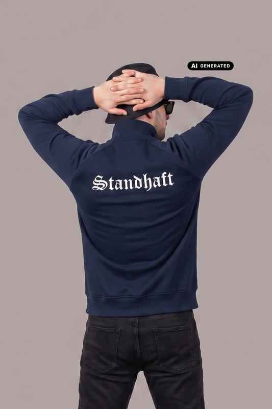 Ein Mann von hinten in einer dunkelblauen Trainingsjacke mit weißem „Standhaft“-Schriftzug im altdeutschen Stil auf dem Rücken.