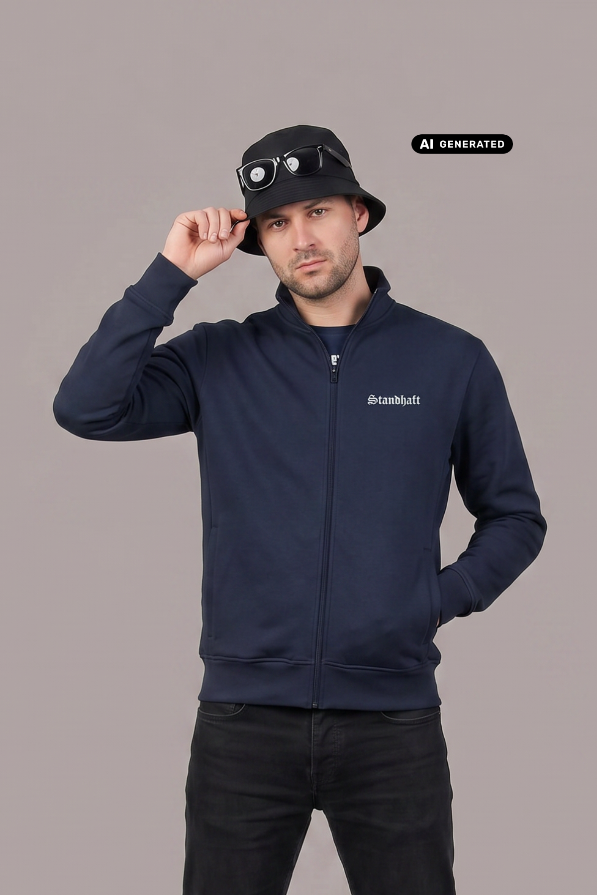 Ein Mann trägt eine dunkelblaue Trainingsjacke mit einem kleinen, weißen „Standhaft“-Schriftzug auf der linken Brust.