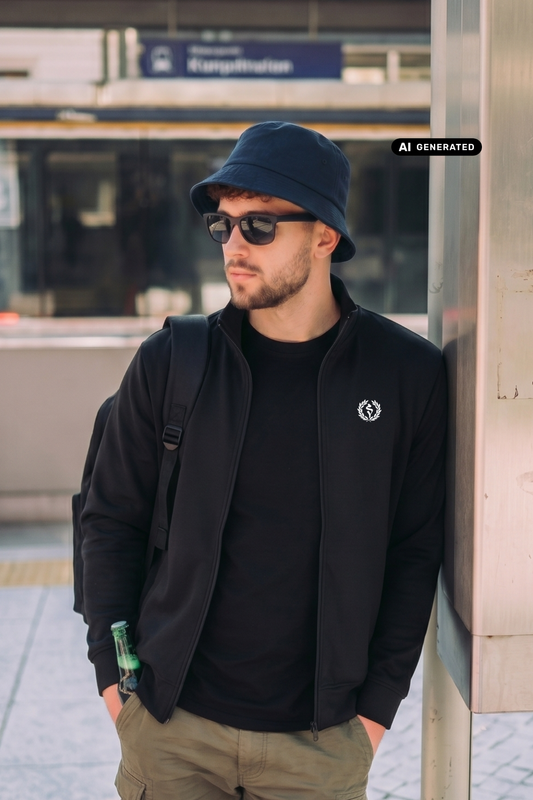 Mann mit Fischerhut und Sonnenbrille in schwarzer Zipper-Jacke mit Lorbeerkranz-Logo, Flasche in Tasche, khaki Cargohose.