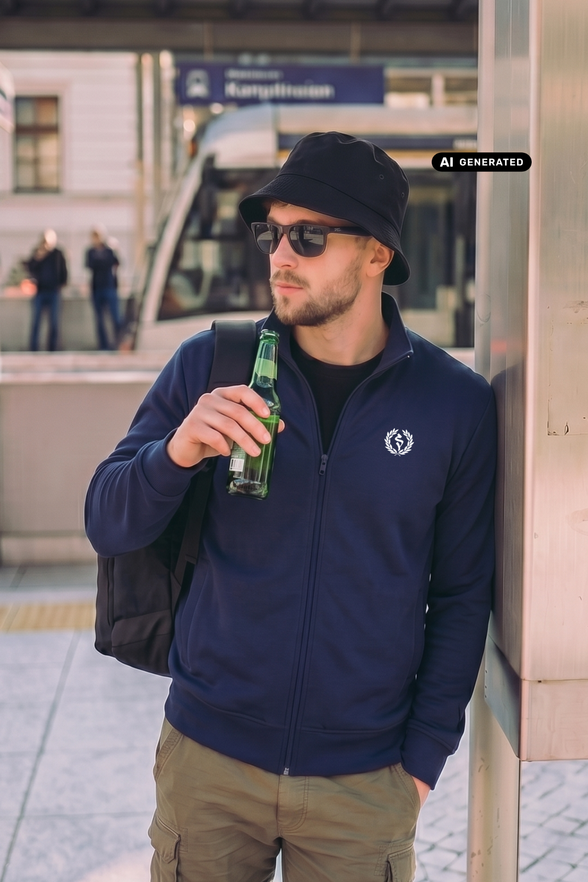 Mann mit Fischerhut und Sonnenbrille in blauer Zipper-Jacke mit Lorbeerkranz-Logo, hält eine Flasche, khaki Cargohose.