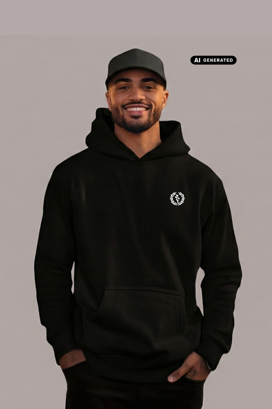 Mann mit Cap im schwarzen Hoodie mit Logo: Ein Lorbeerkranz umschließt ein kreisförmiges, gezacktes Symbol.