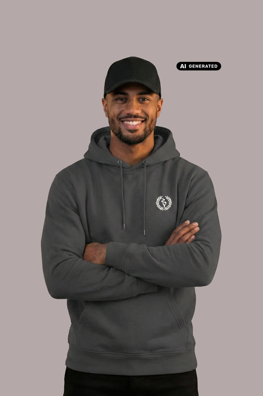 Lächelnder Mann mit Cap im dunkelgrauen Hoodie mit Logo: Ein Lorbeerkranz umschließt ein kreisförmiges, gezacktes Symbol.