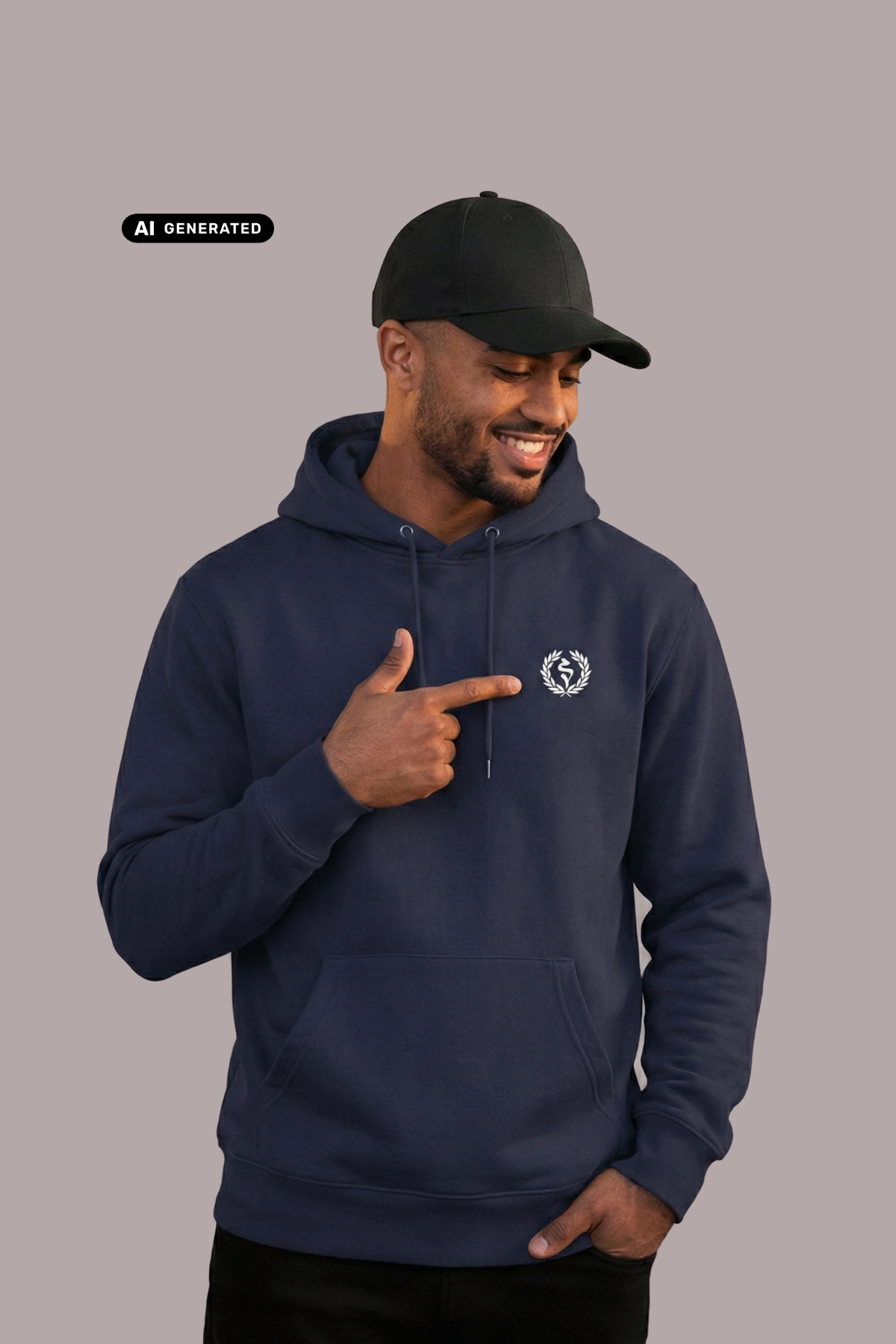 Mann mit Cap im blauen Hoodie, zeigt auf Logo: Ein Lorbeerkranz umschließt ein kreisförmiges, gezacktes Symbol.
