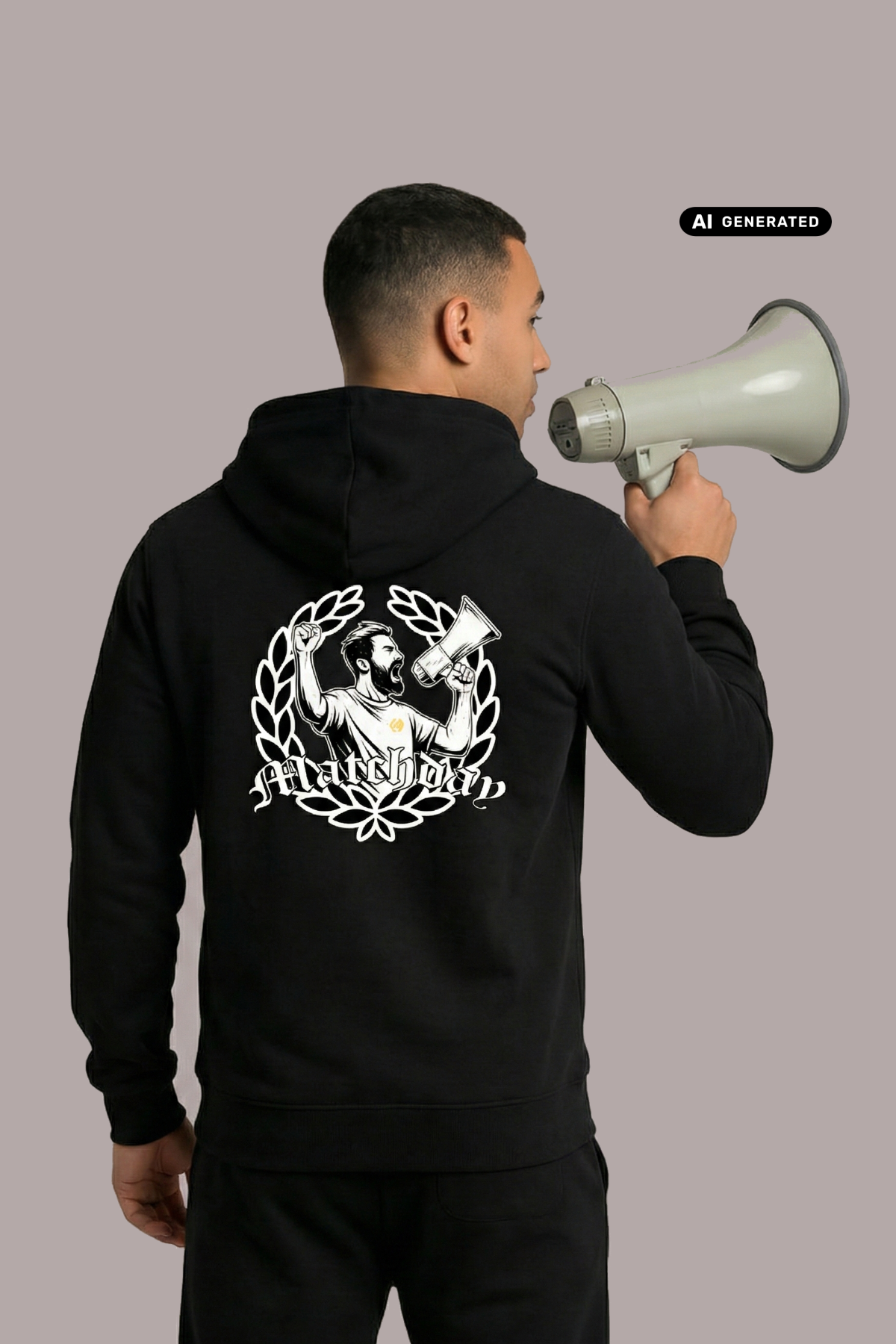 Rückansicht eines Mannes im schwarzen Hoodie mit großem „Matchday“-Rückenprint, der ein Megafon in der Hand hält.