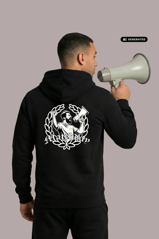 Rückansicht eines Mannes im schwarzen Hoodie mit großem „Matchday“-Rückenprint, der ein Megafon in der Hand hält.