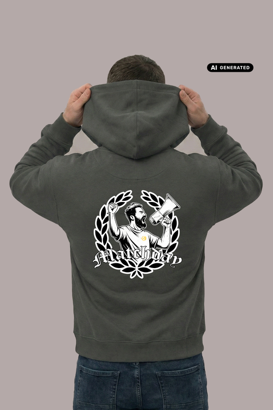 Rückansicht eines Mannes im dunkelgrauen Hoodie mit großem „Matchday“-Rückenprint und Lorbeerkranz-Motiv.