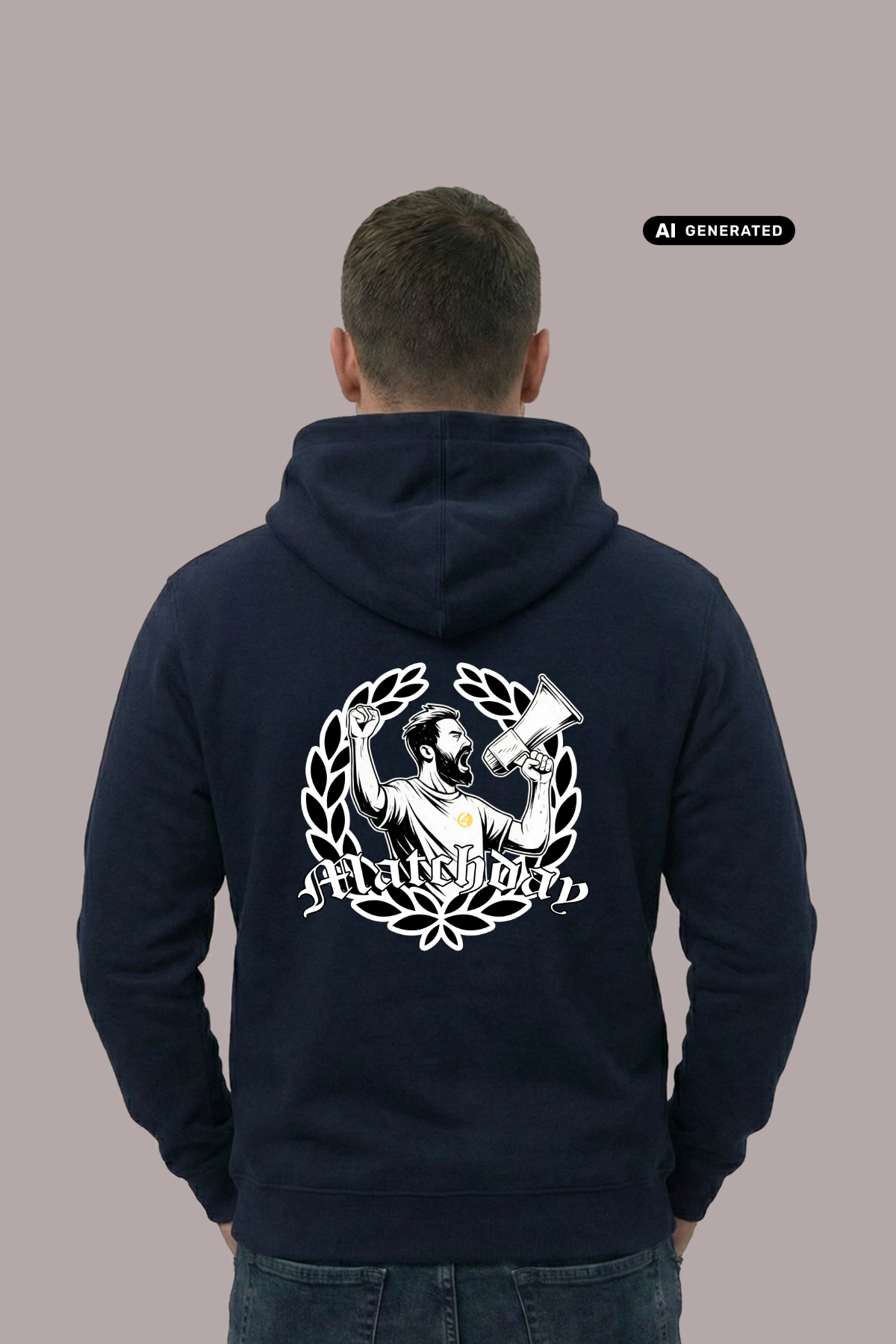 Rückansicht eines Mannes im dunkelblauen Hoodie mit großem „Matchday“-Rückenprint und Lorbeerkranz-Motiv.