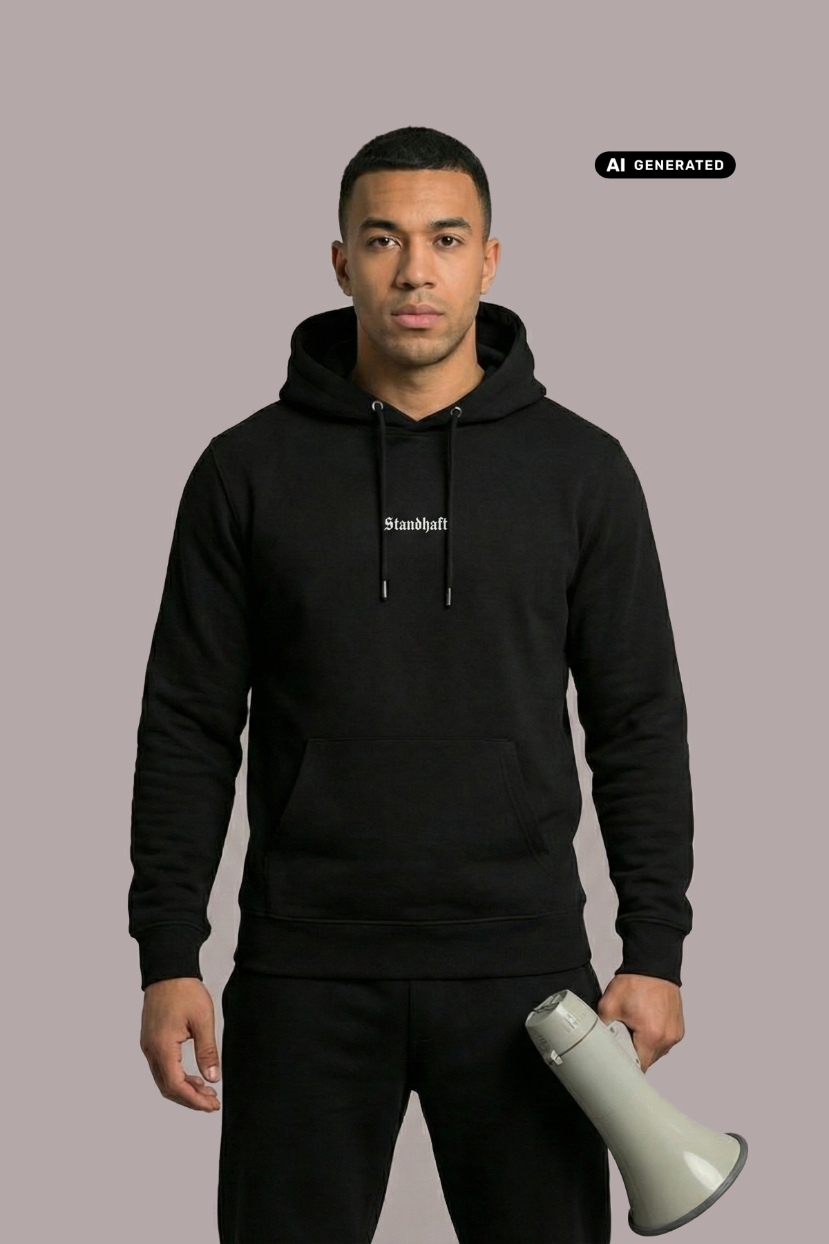 Mann im schwarzen Hoodie mit mittigem, weißem Schriftzug „Standhaft“, hält ein Megafon in der Hand, Jogginghose.