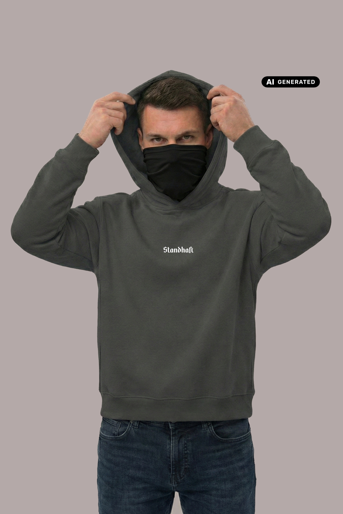 Mann mit Gesichtsmaske zieht Kapuze auf: dunkelgrauer Hoodie mit mittigem, weißem Schriftzug „Standhaft“, dazu Jeans.