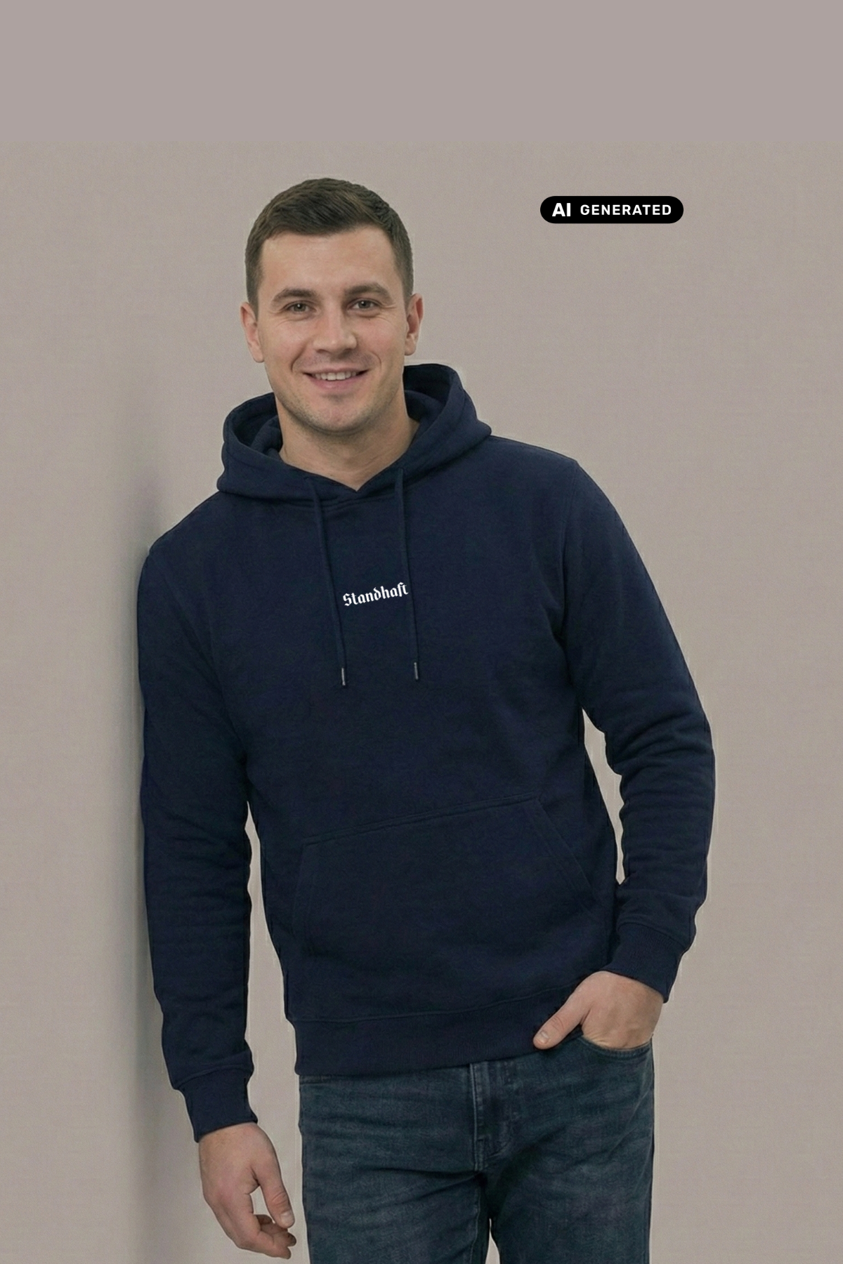 Lächelnder Mann im dunkelblauen Hoodie mit mittigem, weißem Schriftzug „Standhaft“, eine Hand in der Jeanstasche.