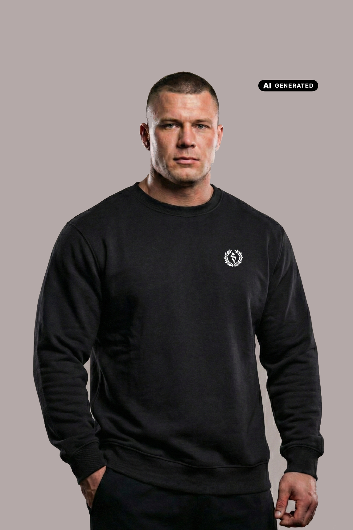 Kurzhaariger Mann im schwarzen Sweatshirt mit weißem Lorbeerkranz-Logo vor grauem Hintergrund.