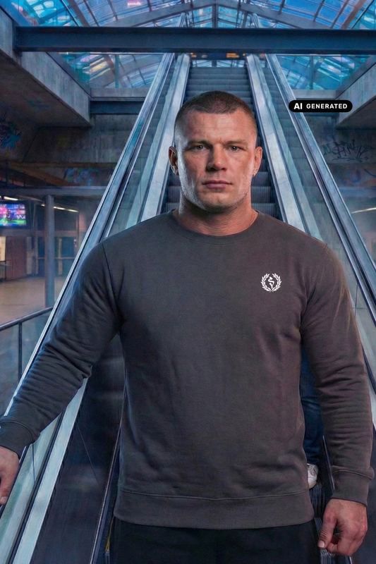Kurzhaariger Mann im dunkelgrauen Sweatshirt mit Lorbeerkranz-Logo auf einer Rolltreppe im Bahnhofsbereich.