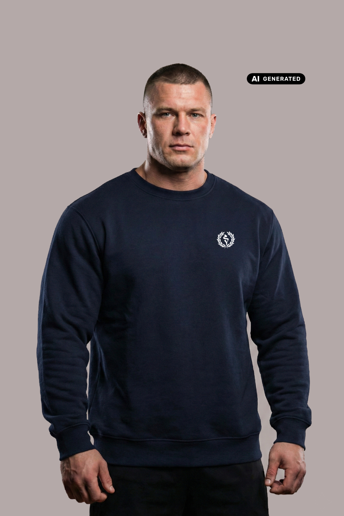 Kurzhaariger Mann im dunkelblauen Sweatshirt mit weißem Lorbeerkranz-Logo vor grauem Hintergrund.