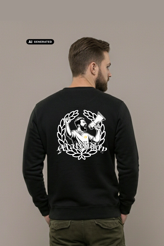 Rückansicht eines Mannes im schwarzen Sweatshirt mit großem „Matchday“-Rückenprint, Hände in den Taschen, grüne Hose.