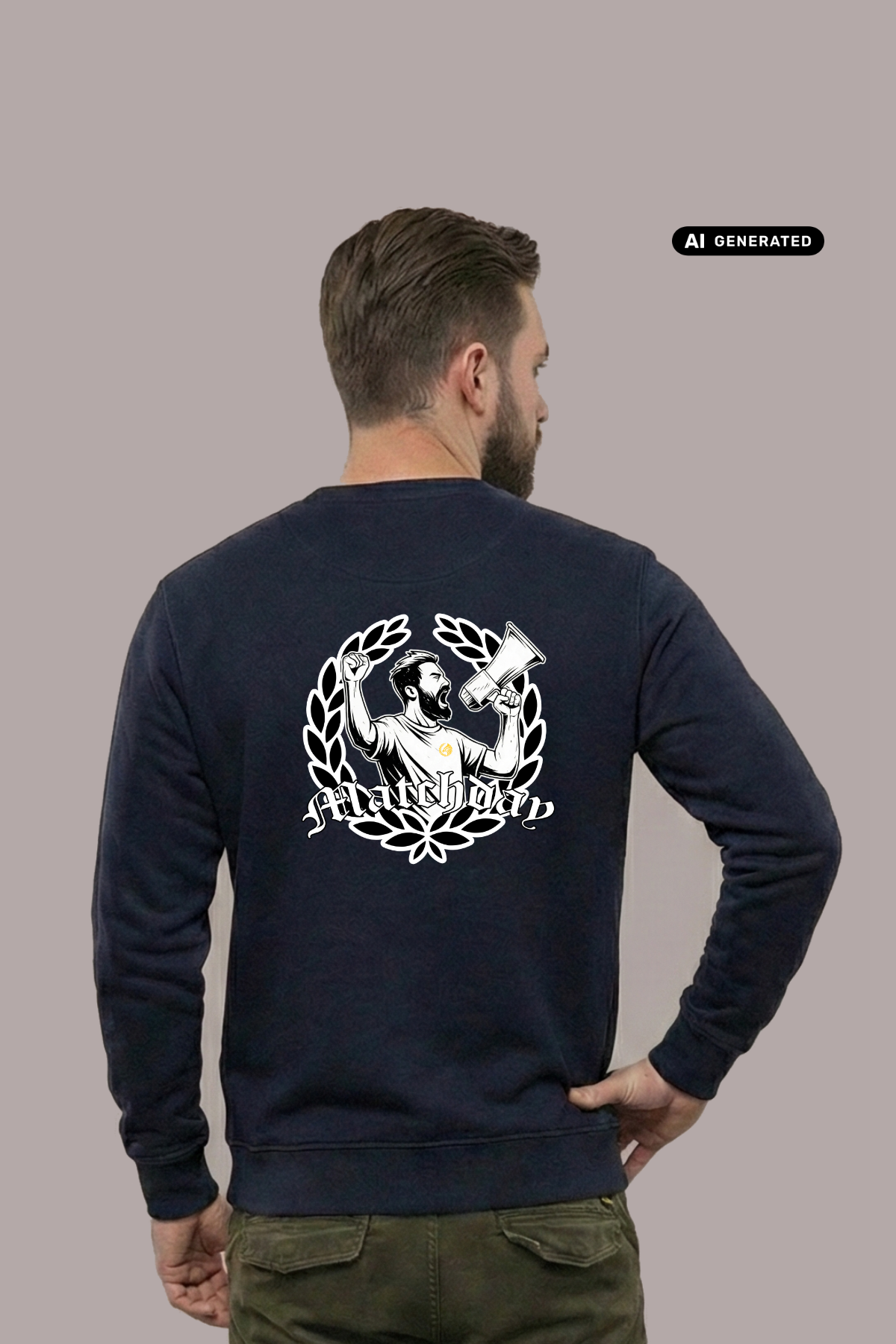 Rückansicht eines Mannes im dunkelblauen Sweatshirt mit großem „Matchday“-Rückenprint, Hand an der Hüfte, grüne Hose.