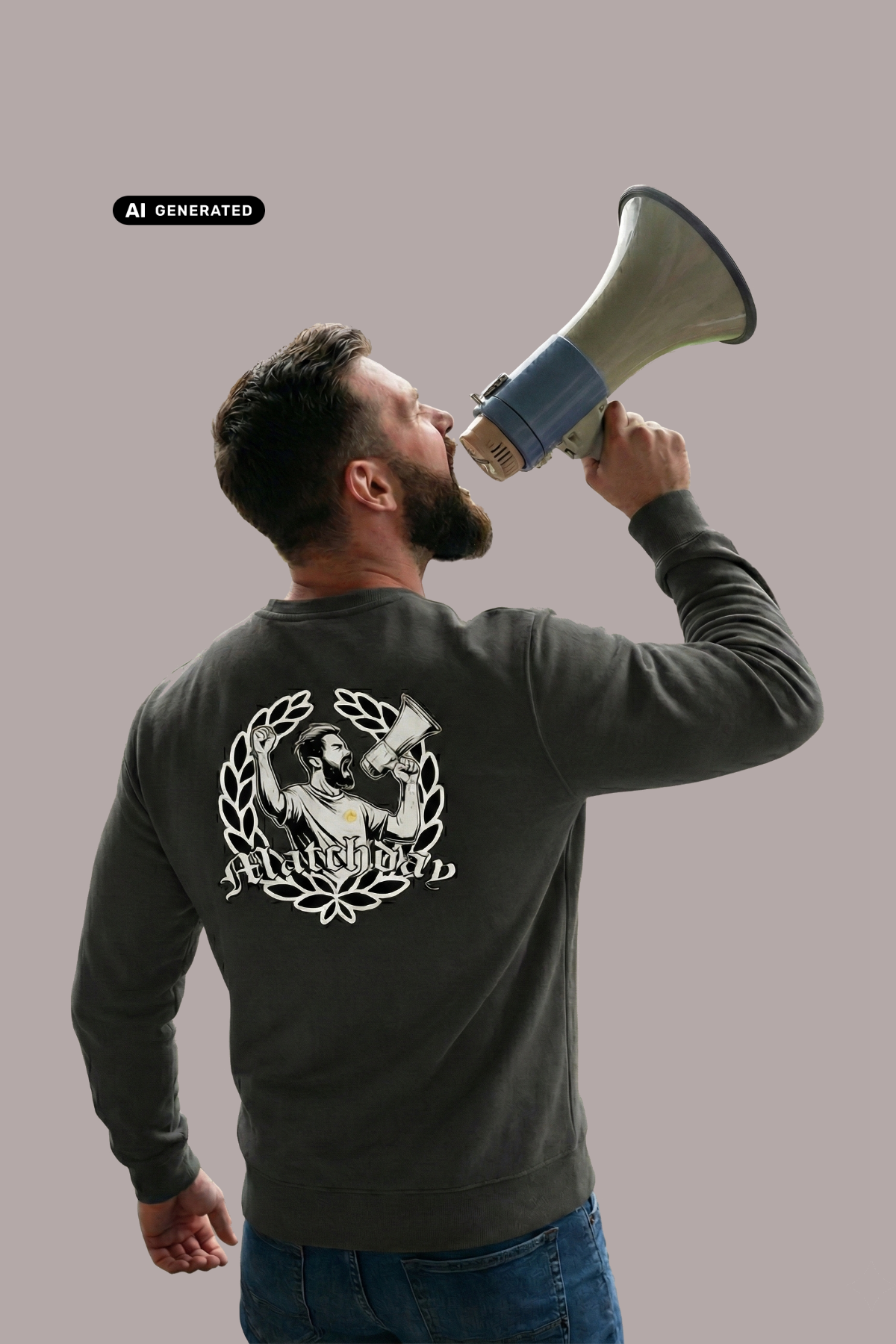 Rückansicht eines Mannes im dunkelgrauen Sweatshirt mit großem „Matchday“-Rückenprint, der in ein Megafon ruft.