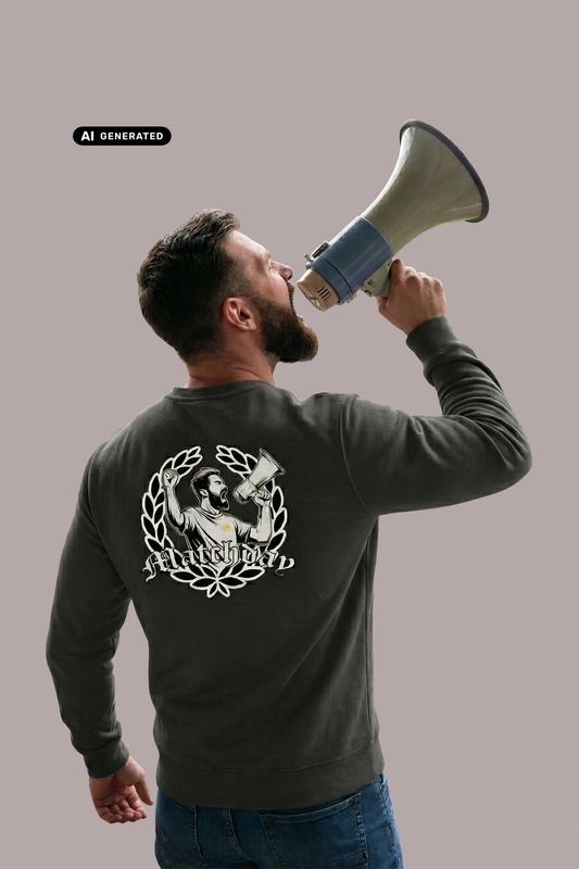 Rückansicht eines Mannes im dunkelgrauen Sweatshirt mit großem „Matchday“-Rückenprint, der in ein Megafon ruft.