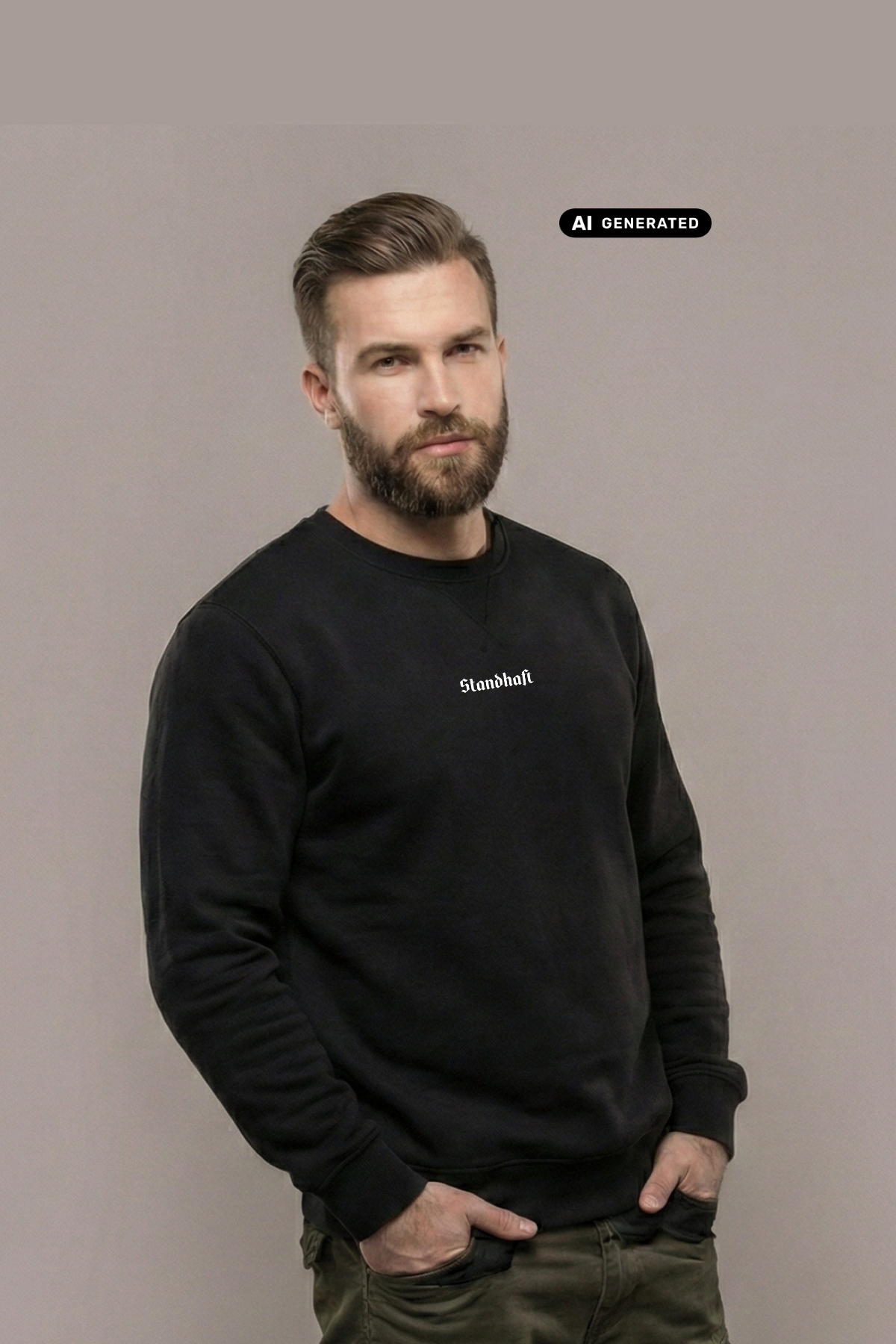 Bärtiger Mann im schwarzen Sweatshirt mit weißem Brustaufdruck „Standhaft“, Hände in den Taschen, grüne Hose.