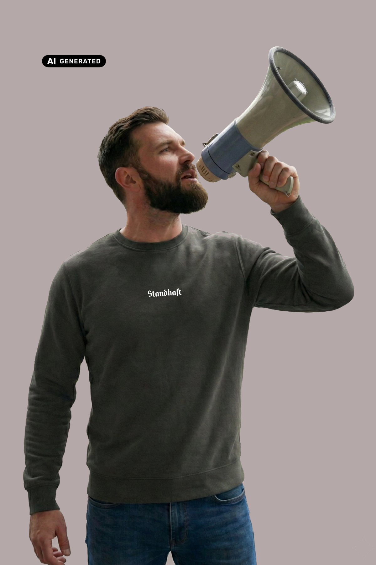 Bärtiger Mann im dunkelgrauen Sweatshirt mit weißem Brustaufdruck „Standhaft“, der in ein Megafon ruft, Jeans.