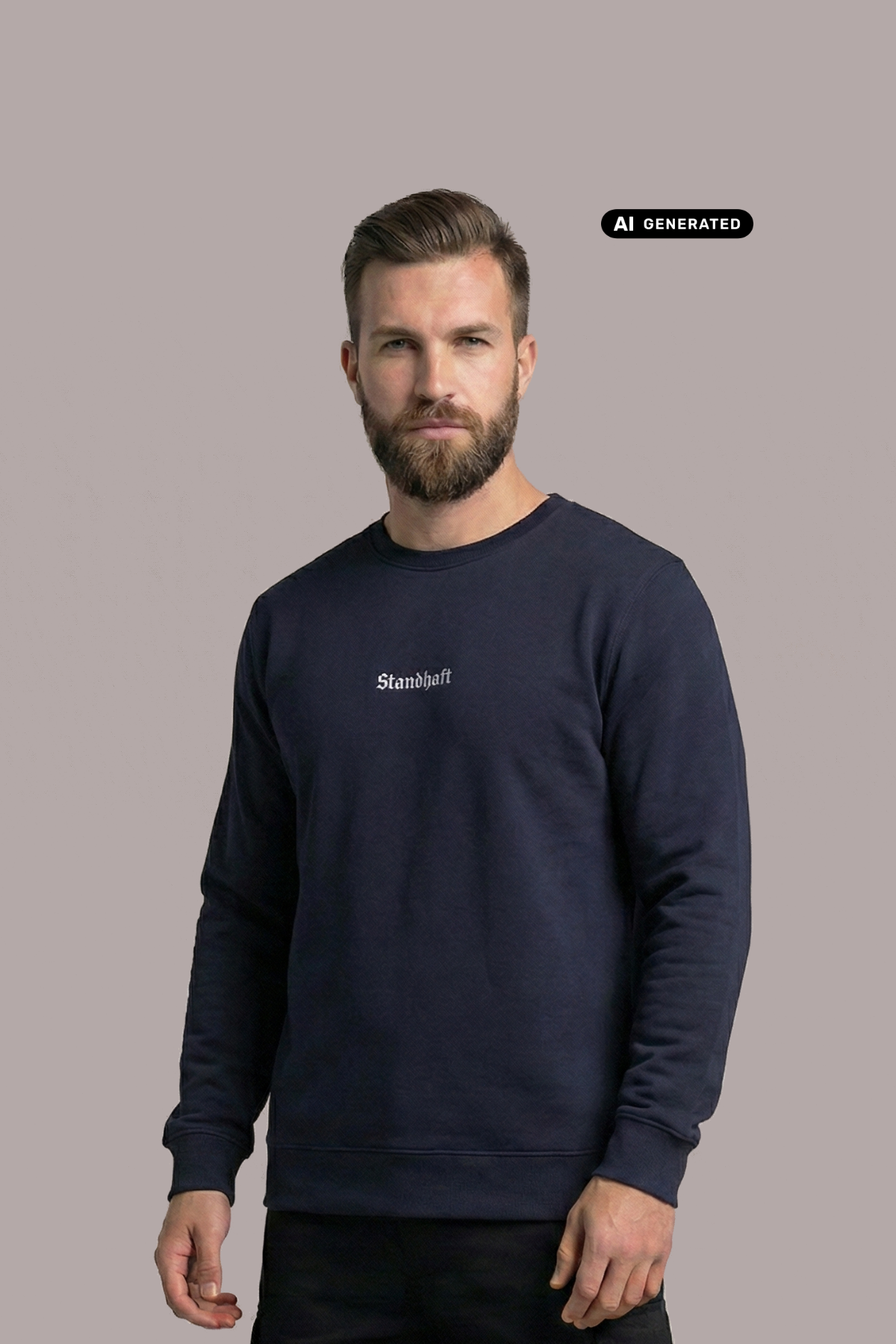 Bärtiger Mann im dunkelblauen Sweatshirt mit weißem Brustaufdruck „Standhaft“, frontaler Blick, dazu dunkle Hose.