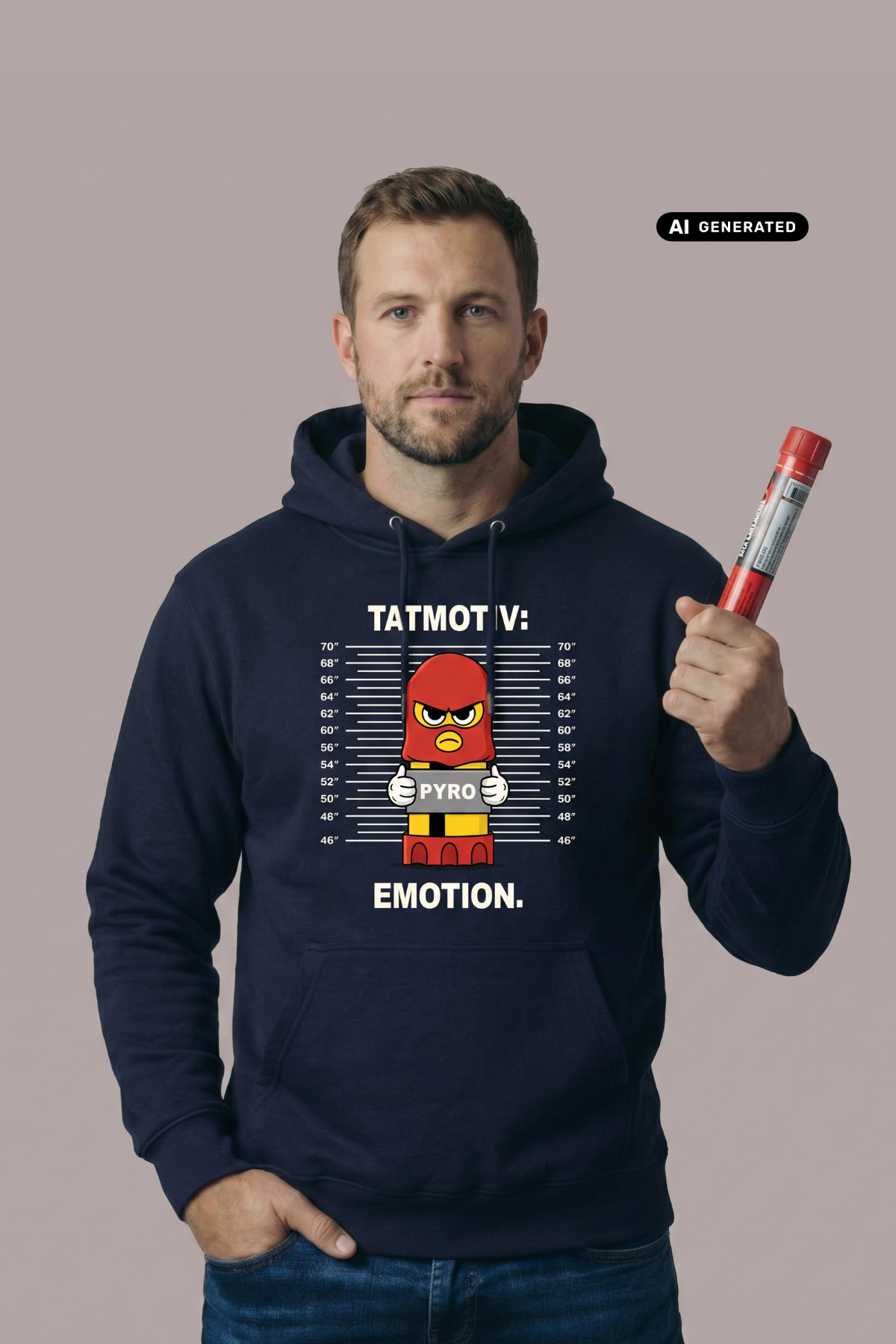 Ein Mann trägt einen dunkelblauen Hoodie mit dem Comic-Print einer Pyro-Figur vor einer Größenskala und Schriftzügen, während er eine rote Fackel in der Hand hält.