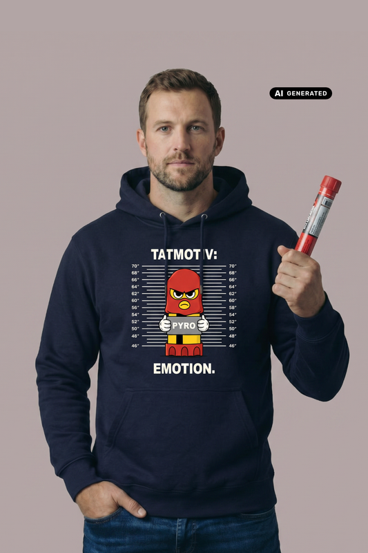 Ein Mann trägt einen dunkelblauen Hoodie mit dem Comic-Print einer Pyro-Figur vor einer Größenskala und Schriftzügen, während er eine rote Fackel in der Hand hält.