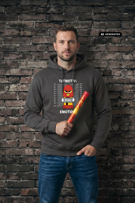 Ein Mann vor einer Backsteinwand trägt einen dunkelgrauen Hoodie mit dem Comic-Print einer Pyro-Figur vor einer Größenskala und Schriftzügen, während er eine rote Fackel in der Hand hält