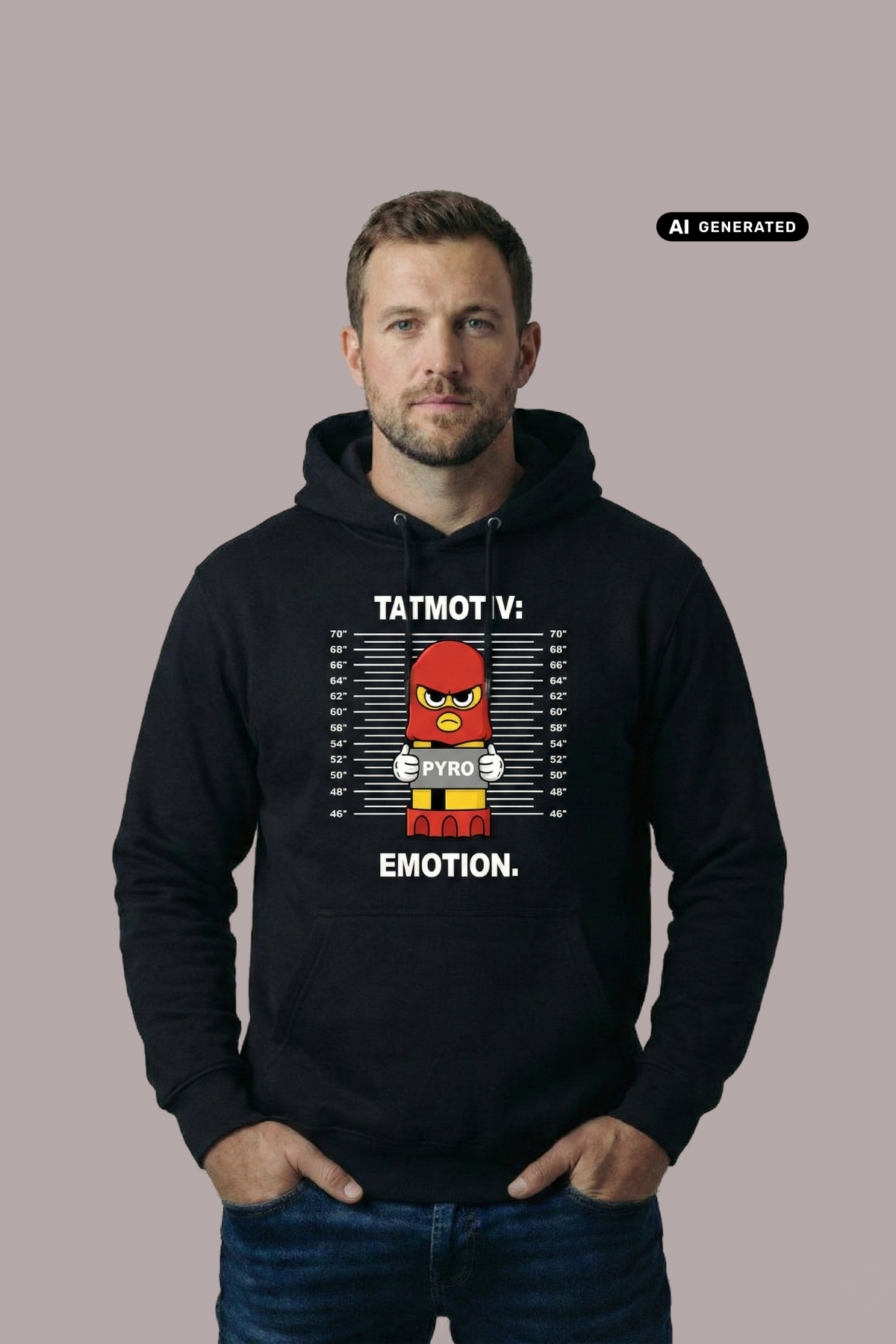 Ein Mann trägt einen schwarzen Hoodie mit dem Comic-Print einer Pyro-Figur vor einer Größenskala und Schriftzügen.