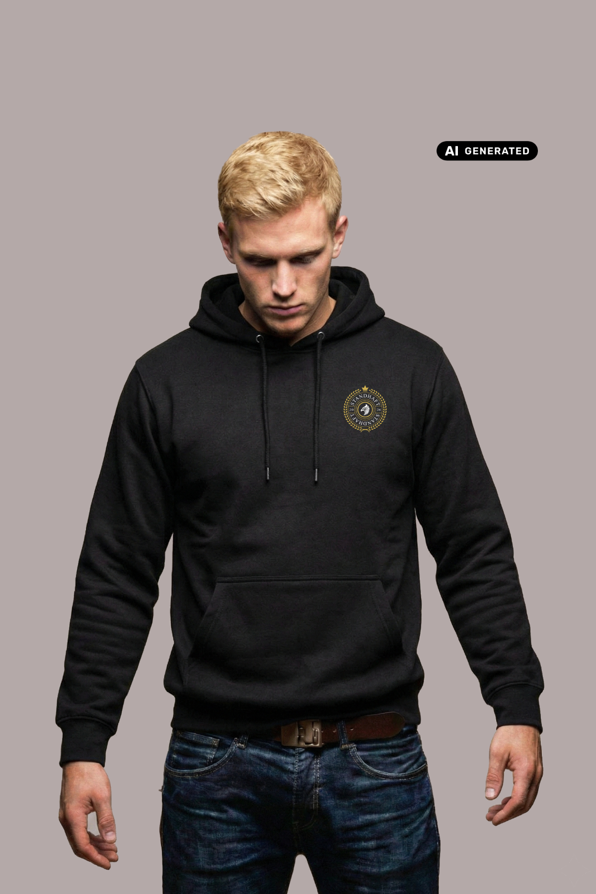 Ein Mann trägt einen schwarzen Kapuzenpullover mit einem kreisförmigen, gelb-schwarzen „STANDHAFT“-Logo samt kleiner Krone auf der linken Brust.