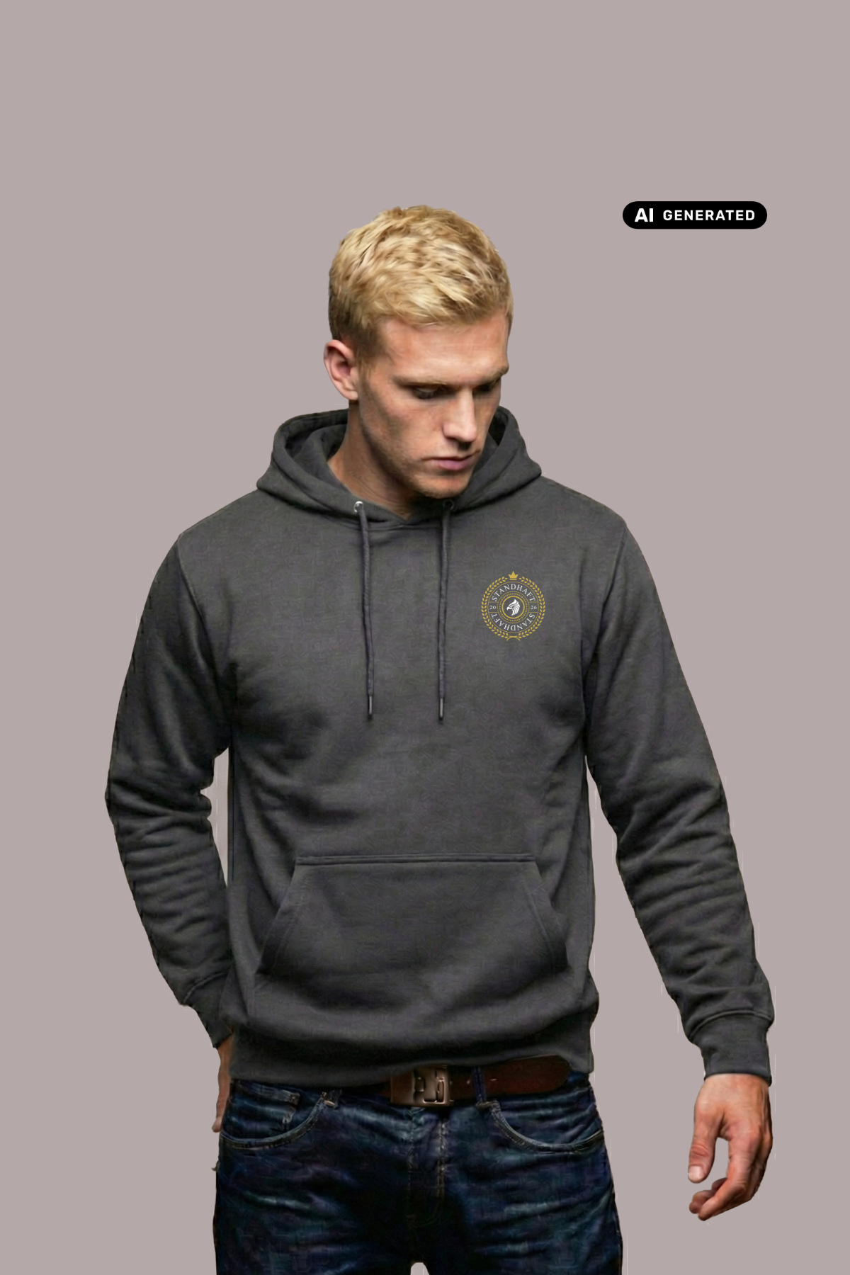 Ein Mann trägt einen dunkelgrauen Kapuzenpullover mit einem kreisförmigen, gelb-grauen „STANDHAFT“-Logo samt kleiner Krone auf der linken Brust.