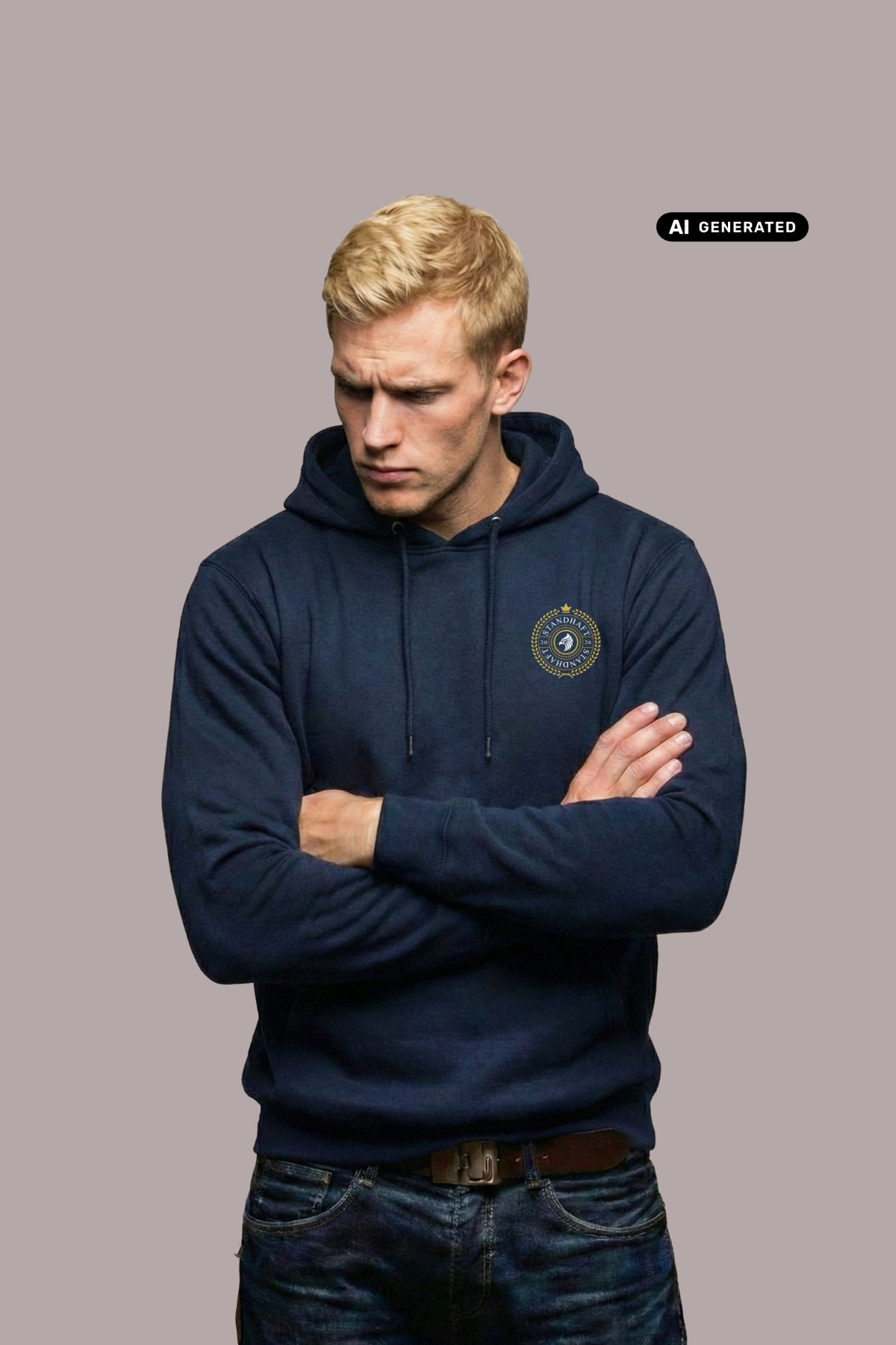 Ein Mann mit verschränkten Armen trägt einen dunkelblauen Kapuzenpullover mit einem kreisförmigen, gelb-blauen „STANDHAFT“-Logo samt kleiner Krone auf der linken Brust.