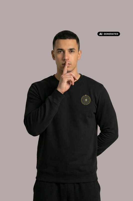 Ein Mann mit dem Zeigefinger vor dem Mund trägt einen schwarzen Pullover mit Rundhalsausschnitt und einem kreisförmigen, gelb-schwarzen „STANDHAFT“-Logo samt kleiner Krone auf der linken Brust.